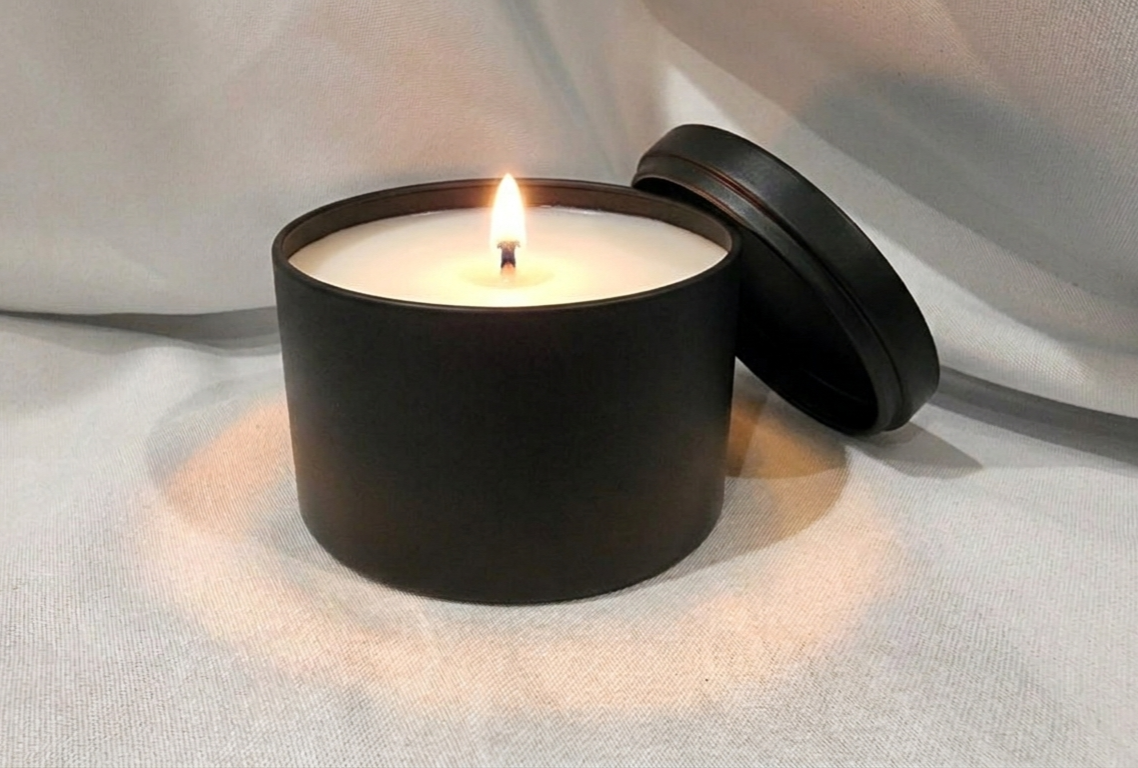 Black matte tin candle on a black background
