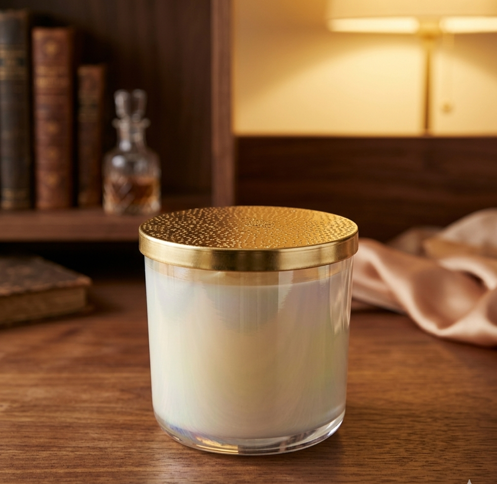 Glass candle with a gold lid on a wooden surface, with books and a bottle in the background.