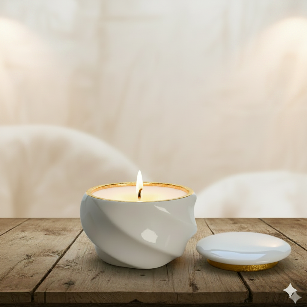 White ceramic candle with gold interior on a black background