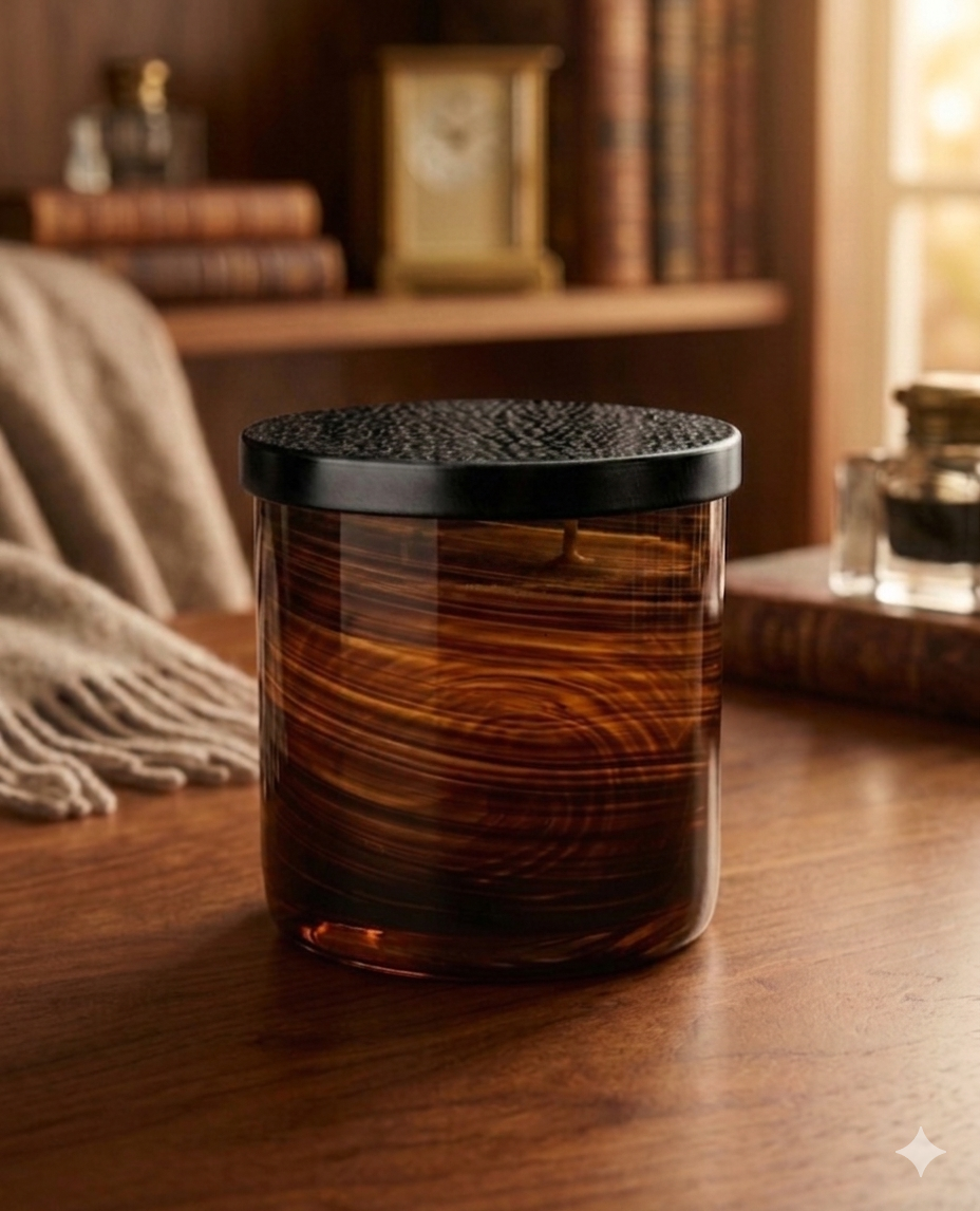 Swirl patterned glass container candle on a wooden surface with a blurred background