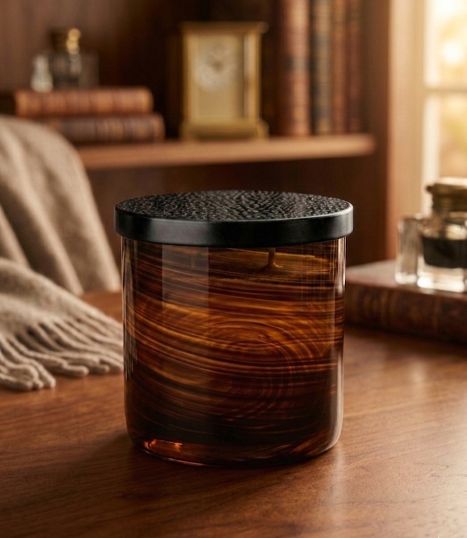 Handblown brown glass candle sitting on a wood table with books on a shelf in the background