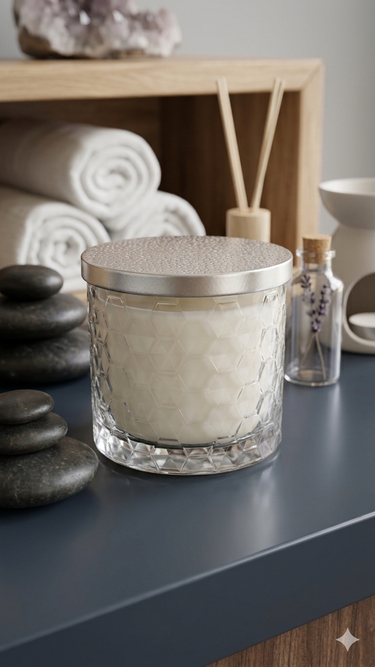 Glass candle with textured lid on a shelf with spa items