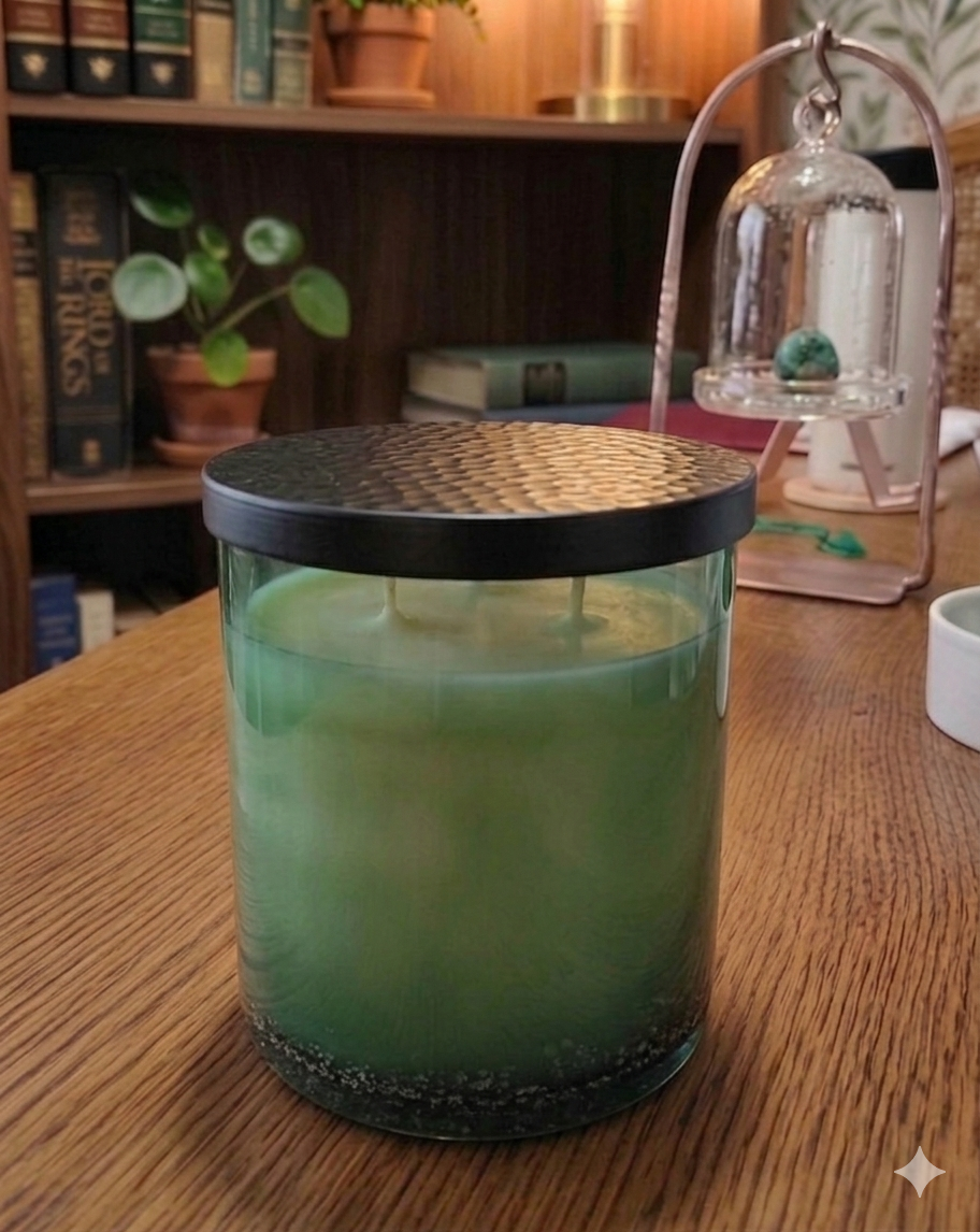 Green candle in a glass jar with a lid on a wooden surface, with a bookshelf in the background